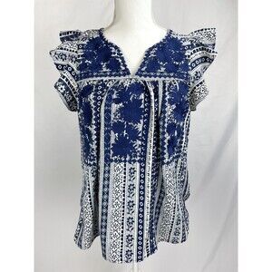 Savanna Jane Blouse Women Small Blue Crochet Top Boho Floral Embroidered